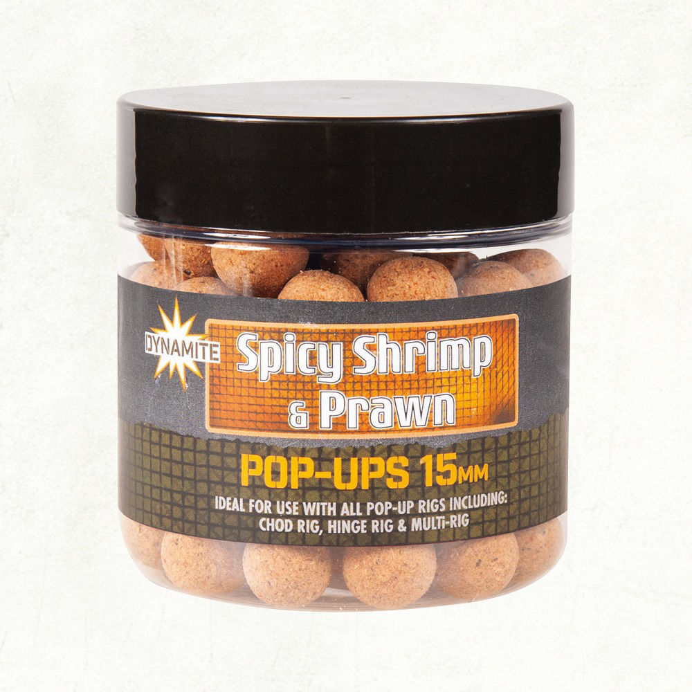 Fishon Tackle Shop. Dynamite Baits Spicy Shrimp & Prawn Pop Ups 15mm